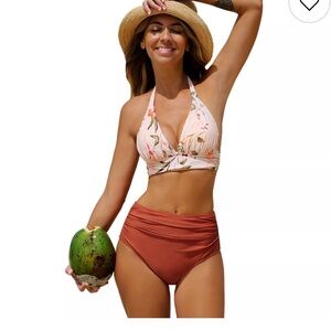 Cupshe Floral Bikini Set - Cream and Tan